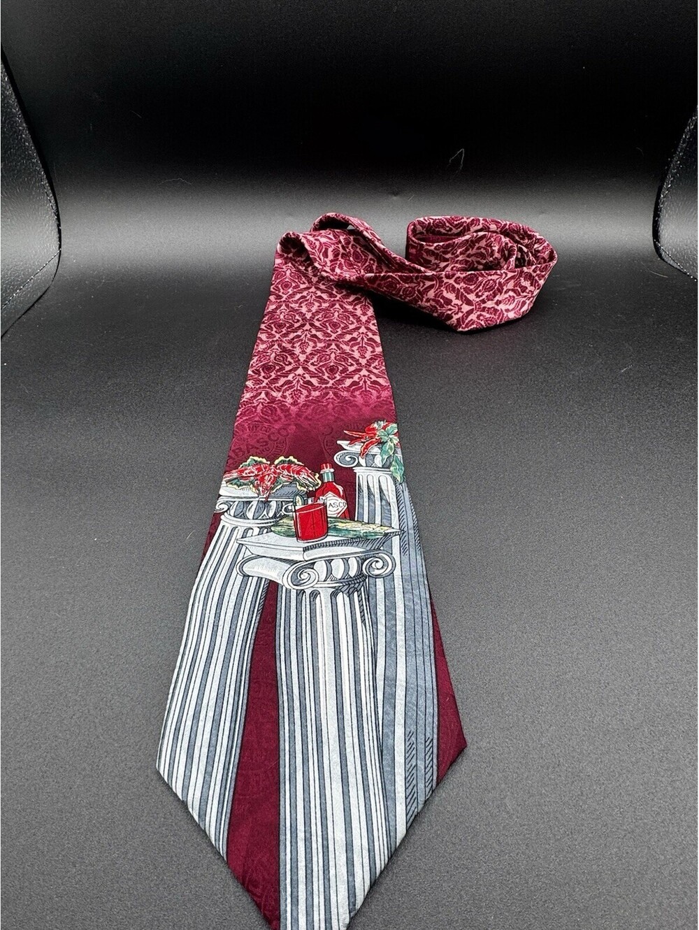 Vintage Tabasco Tie Hot Sauce Columns Burgundy Silk USA 57x3.75